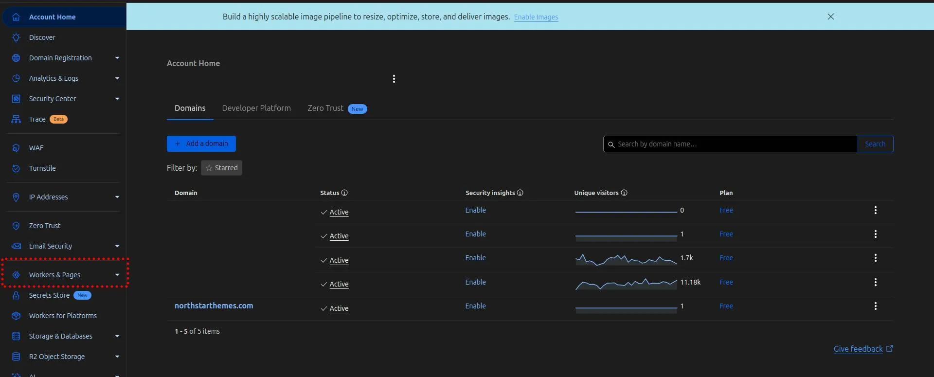 Cloudflare homepage showing the Workers & Pages navigation option in the sidebar