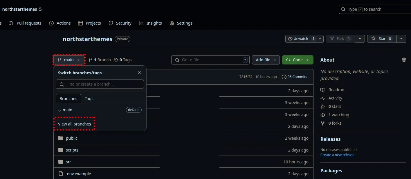 GitHub repository interface showing the branch dropdown with View All Branches option highlighted