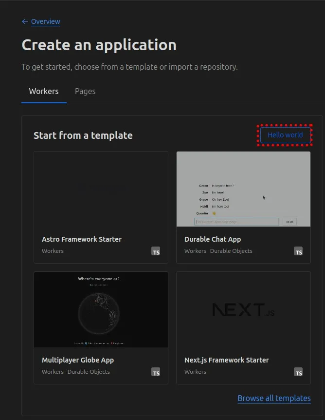 Cloudflare Worker template selection screen with Hello World option
