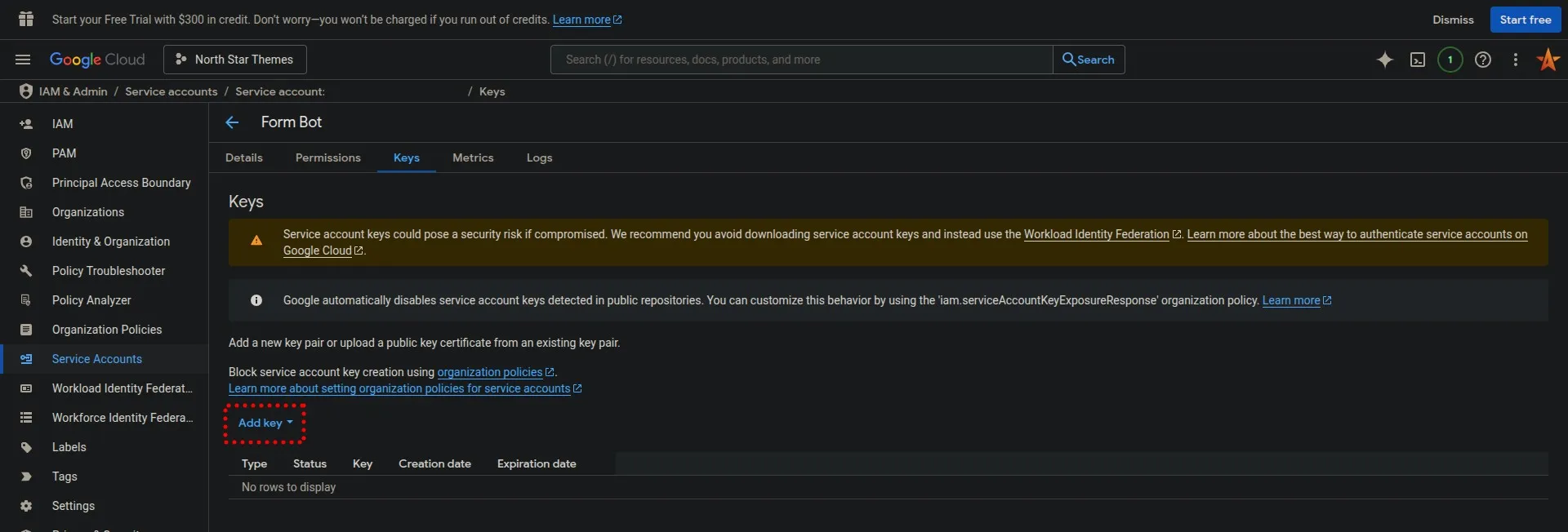 Google Cloud Console Add Key