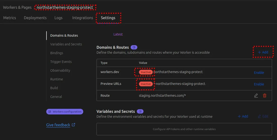 Cloudflare Worker settings tab showing Routes configuration section