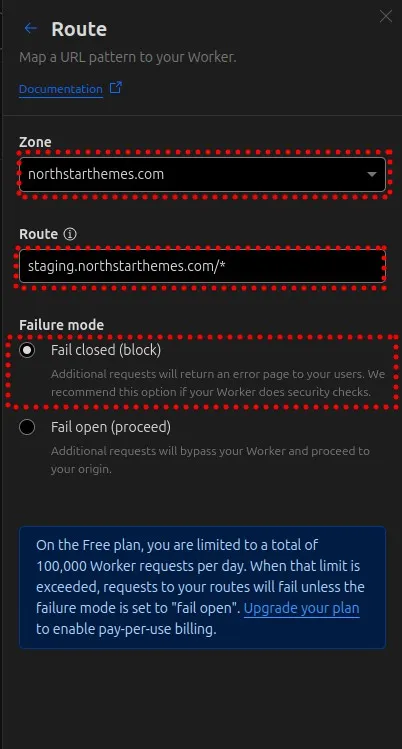 Cloudflare Worker route configuration panel for staging domain