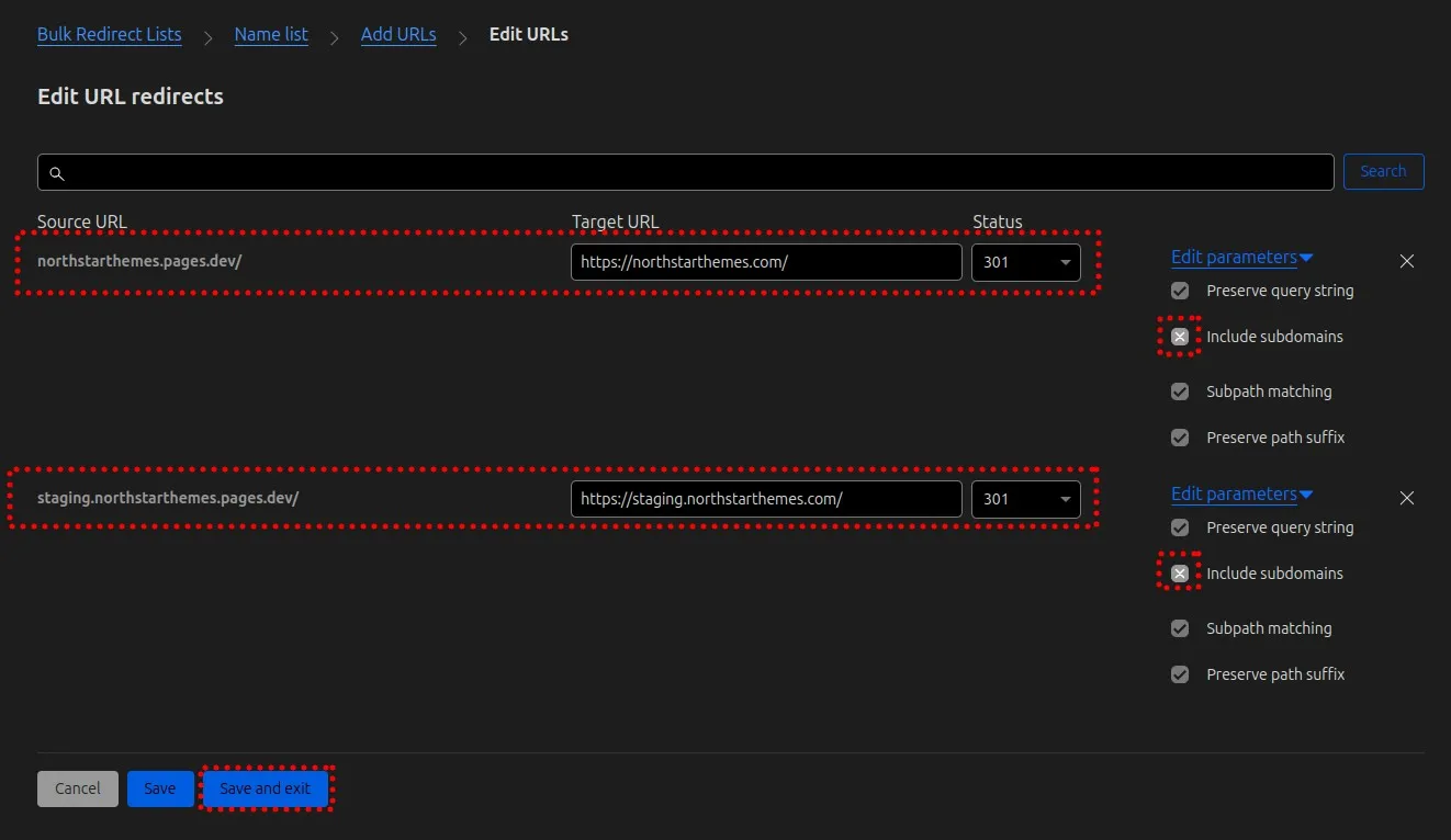 Cloudflare Bulk Redirects configuration panel for redirecting pages.dev URLs to custom domain
