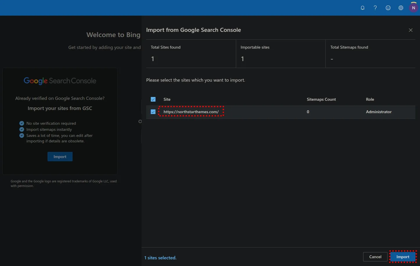 Bing Webmaster Tools Select Domain