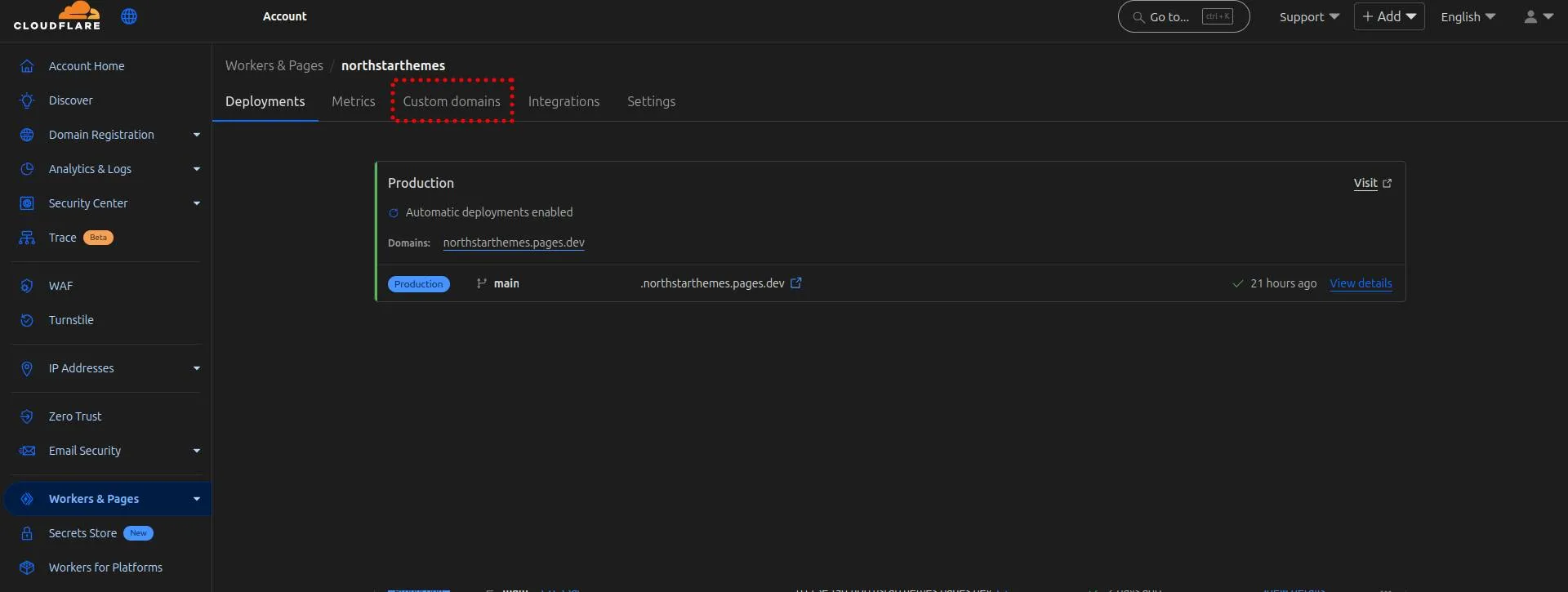 Cloudflare workers page with the Custom Domains tab highlighted