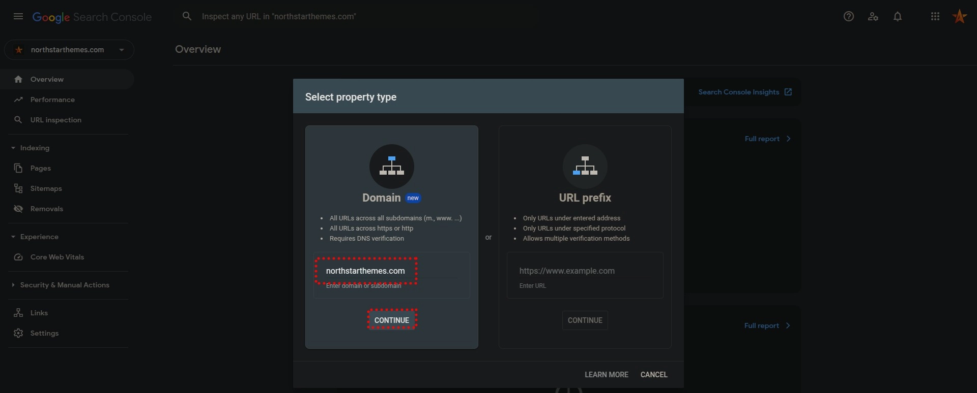 Google Search Console choose domain
