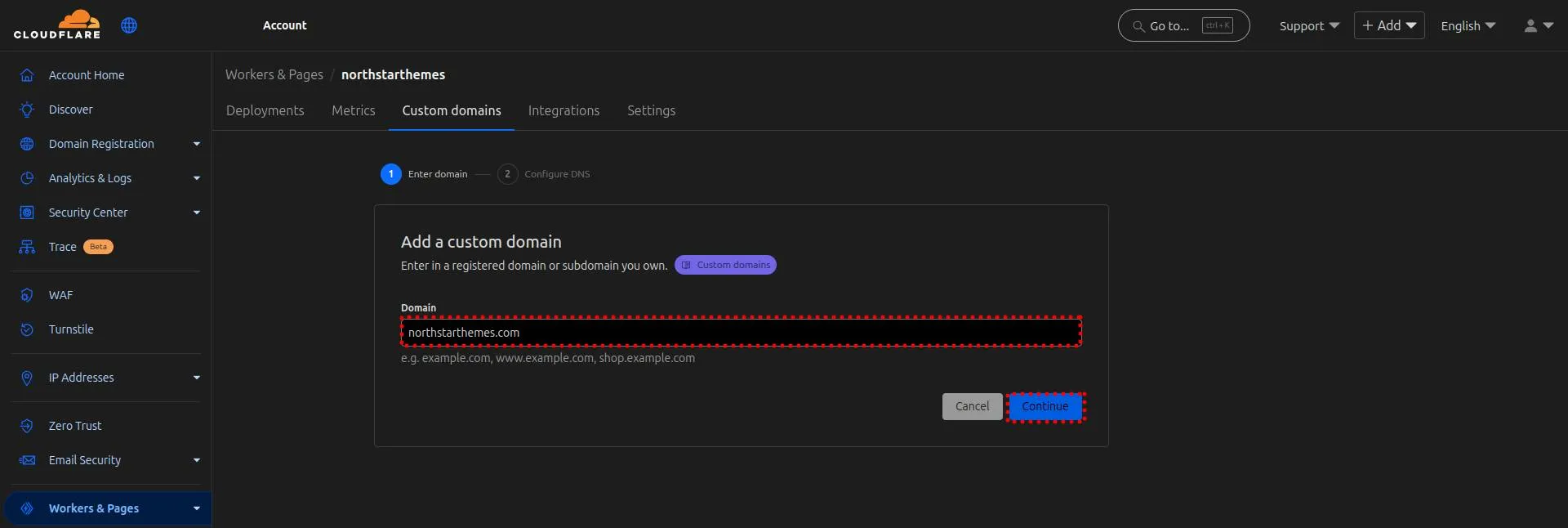 Cloudflare custom domains setup screen with domain input field