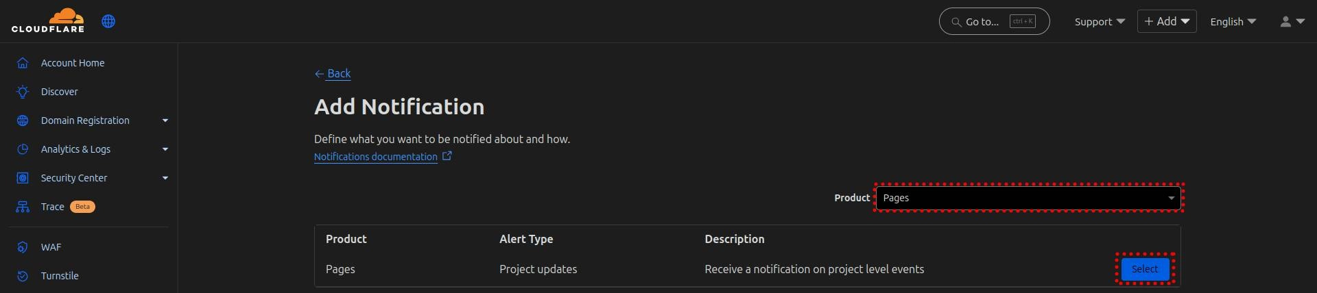 Cloudflare pages filter in notifications