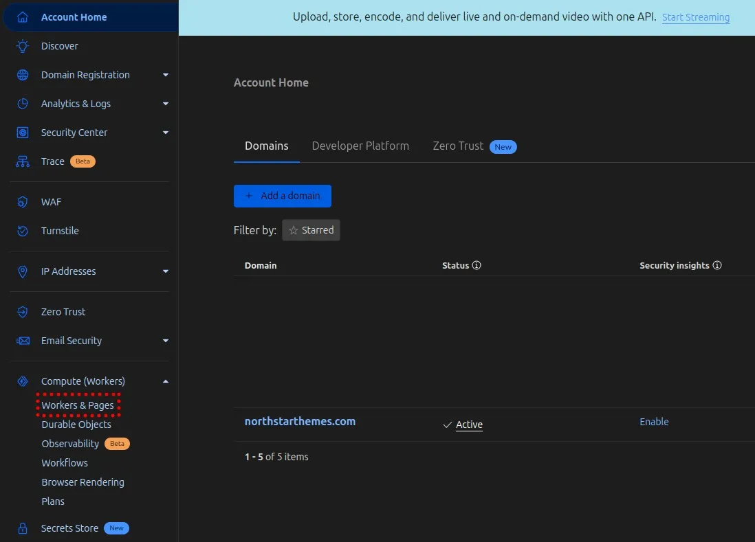 Cloudflare dashboard navigation showing Workers & Pages section