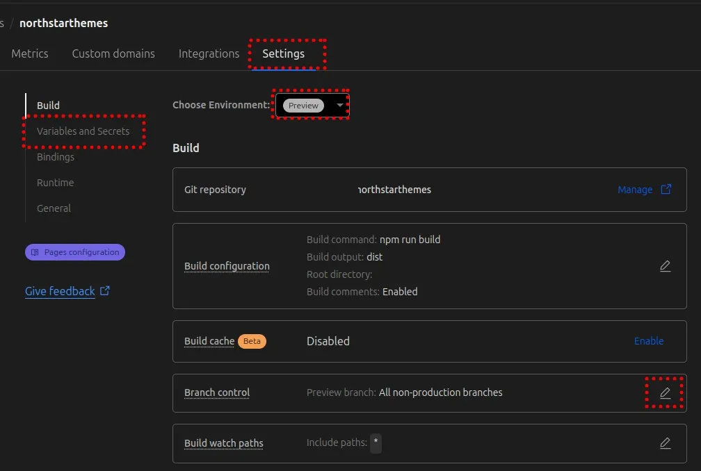 Cloudflare Pages project settings page with Edit branch control button highlighted
