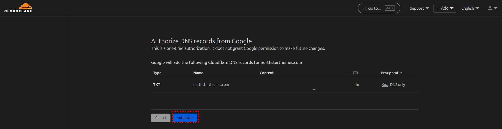 Google Search Console authorize DNS