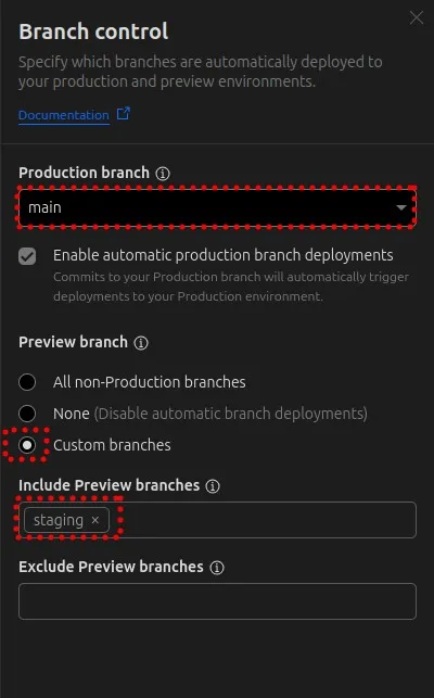 Cloudflare Pages branch control configuration panel showing production and preview branch settings