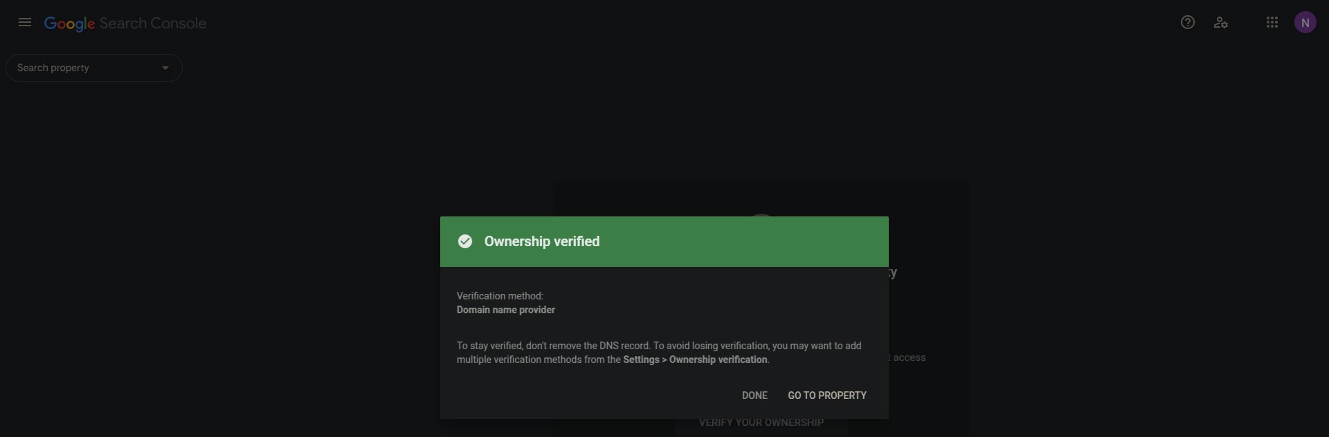 Google Search Console ownership verified