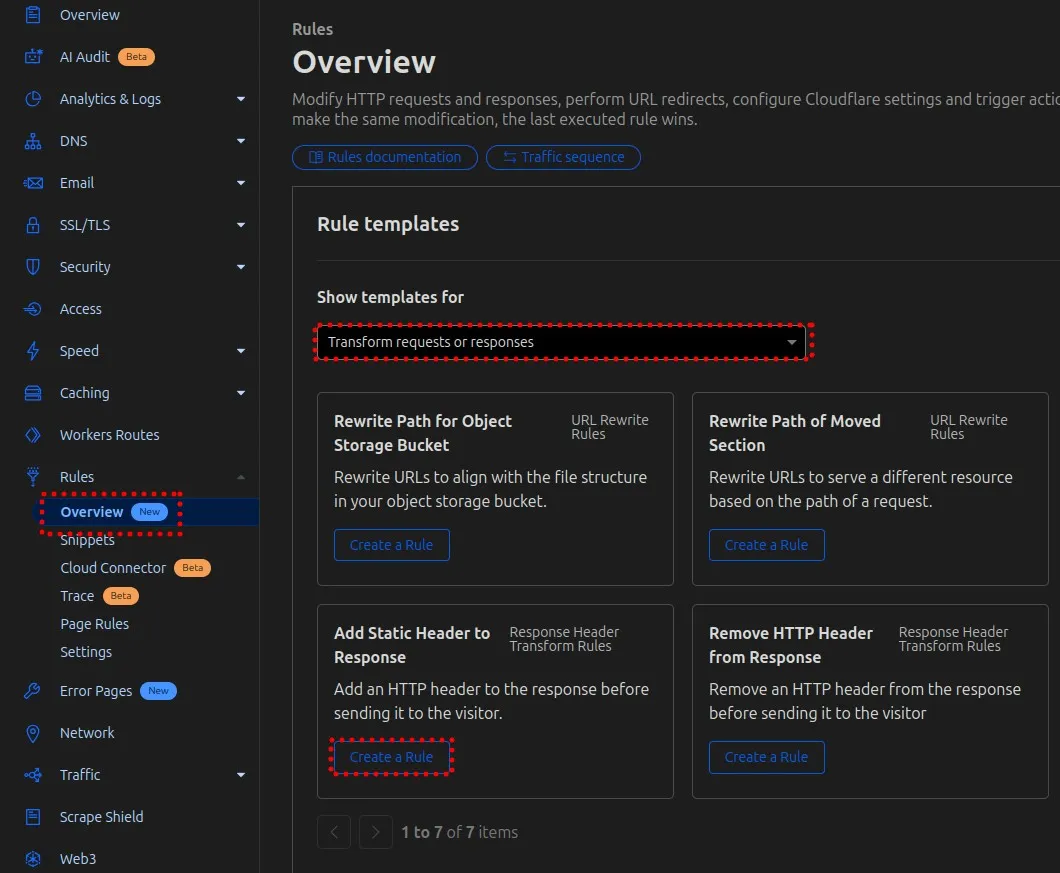 Cloudflare Rules dashboard showing Transform Requests or Responses templates