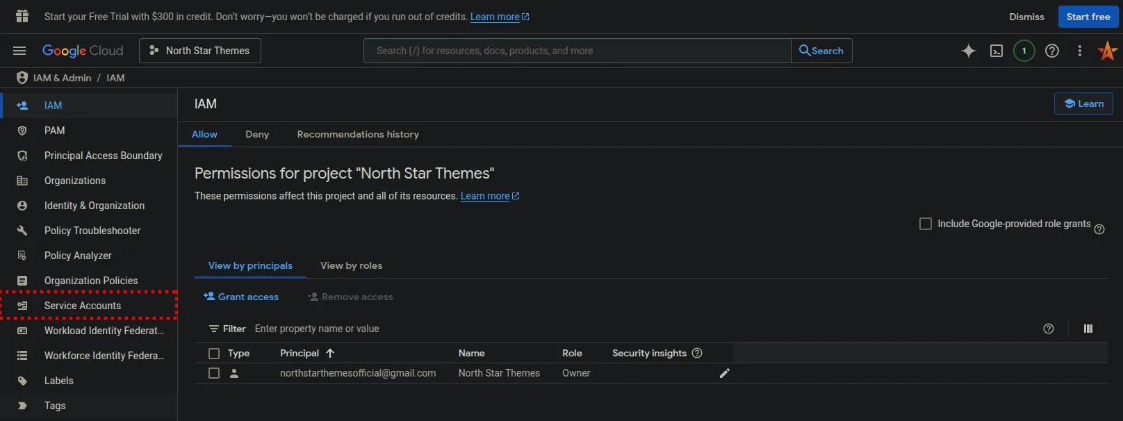 Google Cloud Console Service Accounts