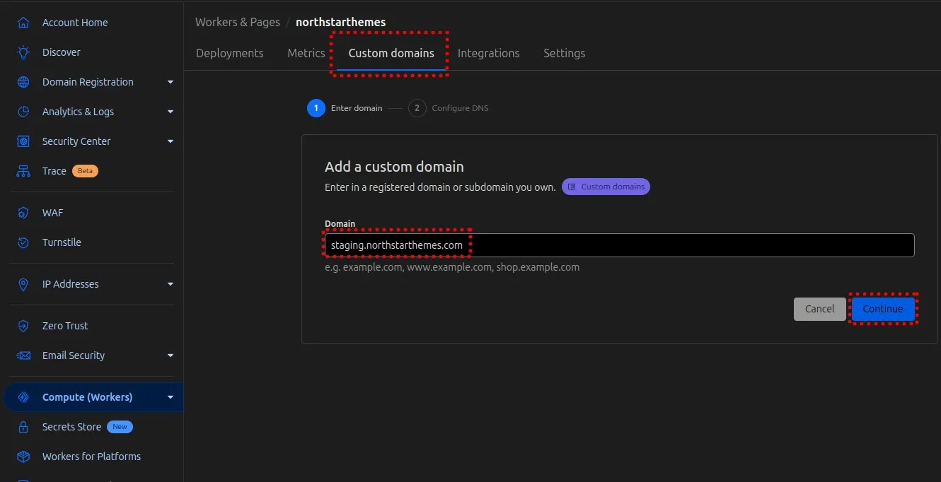 Cloudflare Pages custom domain configuration screen for adding staging subdomain