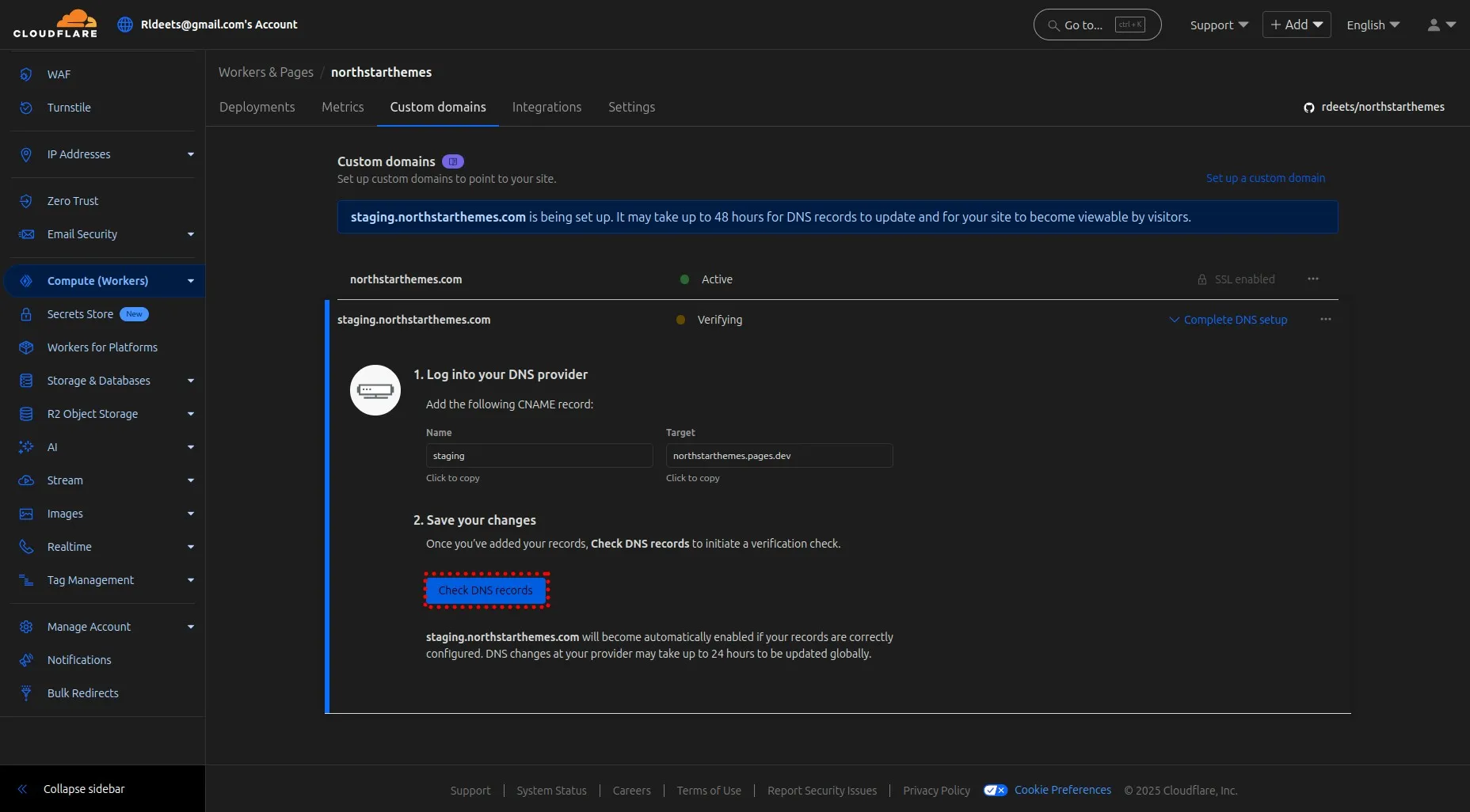 Cloudflare Pages DNS records verification screen for custom domain