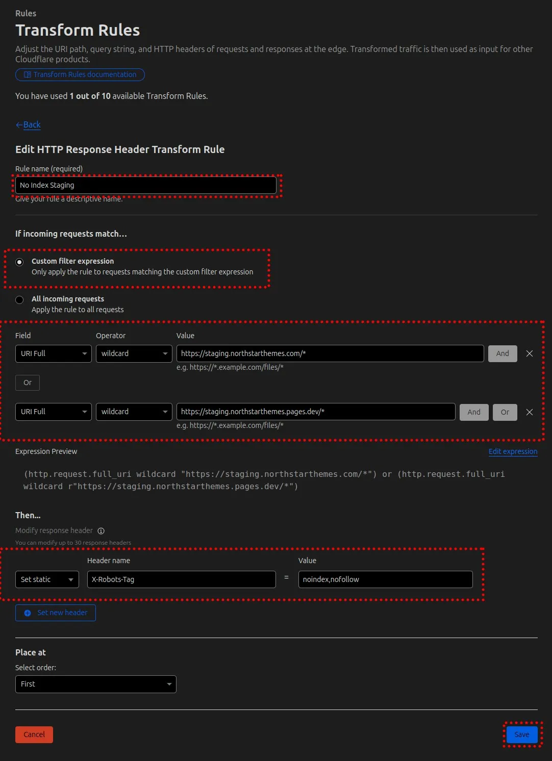 Cloudflare Rules configuration panel for adding noindex headers to staging environment