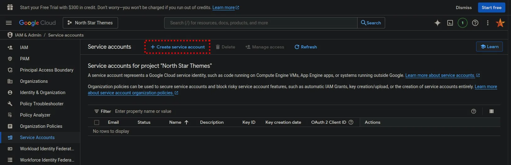 Google Cloud Console Create Service Account