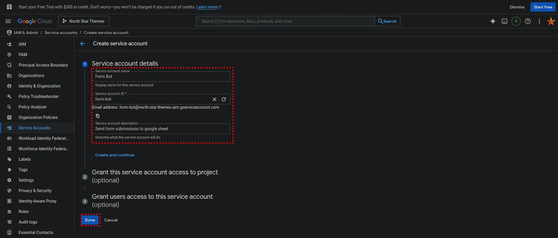 Google Cloud Console Create Service Account