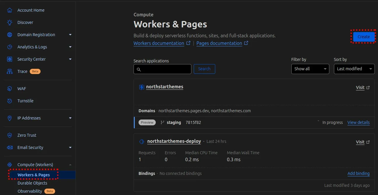 Cloudflare Workers & Pages dashboard for creating a new worker