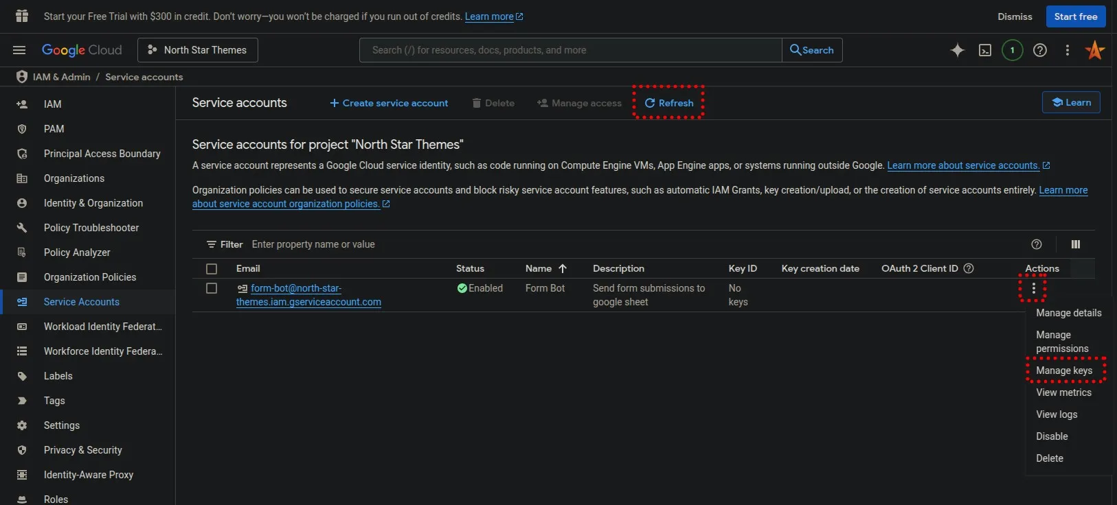 Google Cloud Console Manage Keys
