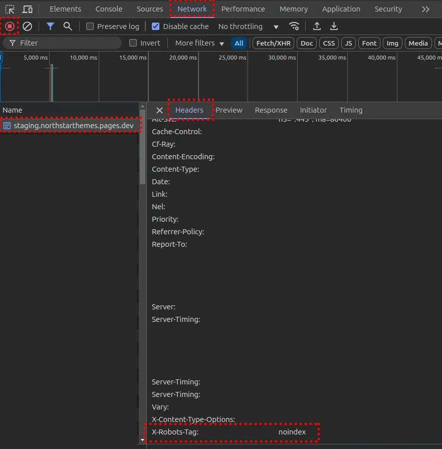 Browser developer tools network tab showing X-Robots-Tag header in response