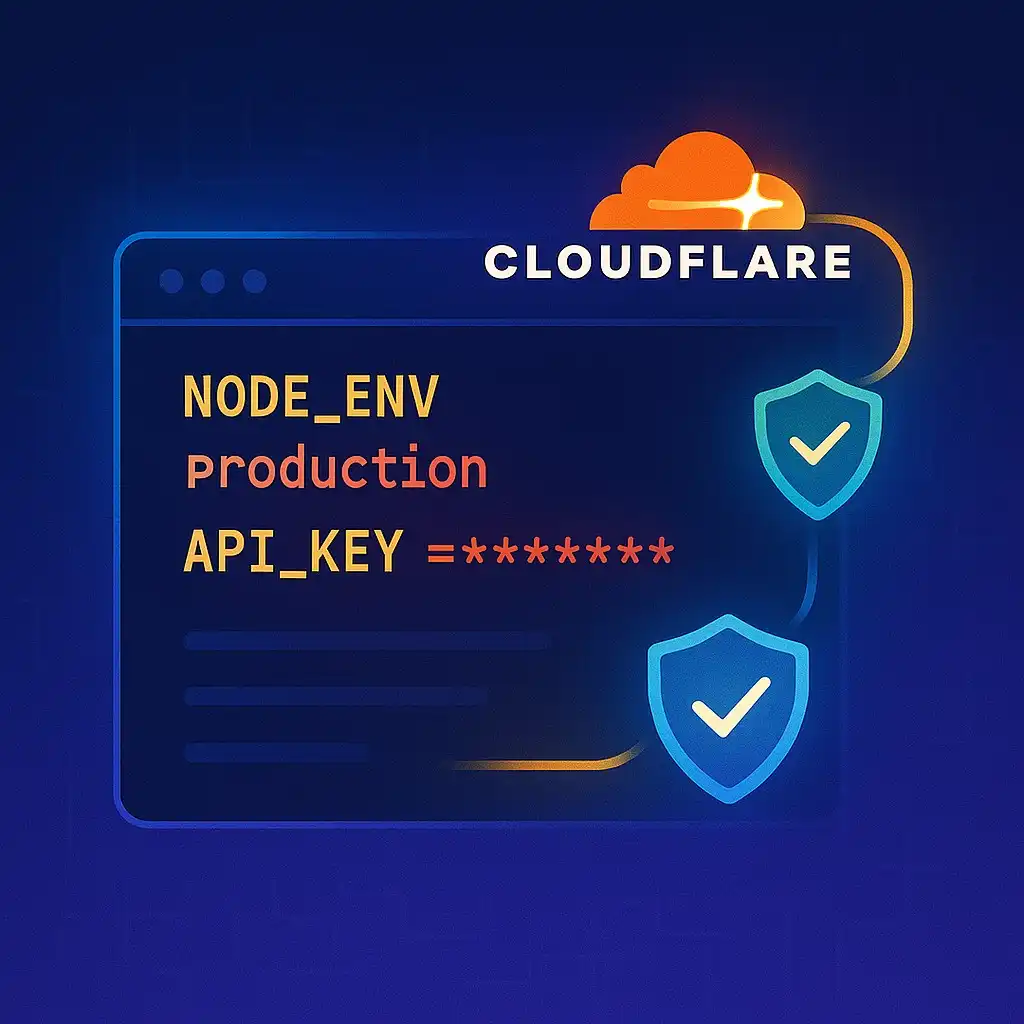 Environment Variables with Cloudflare illustration showing code editor with type hints