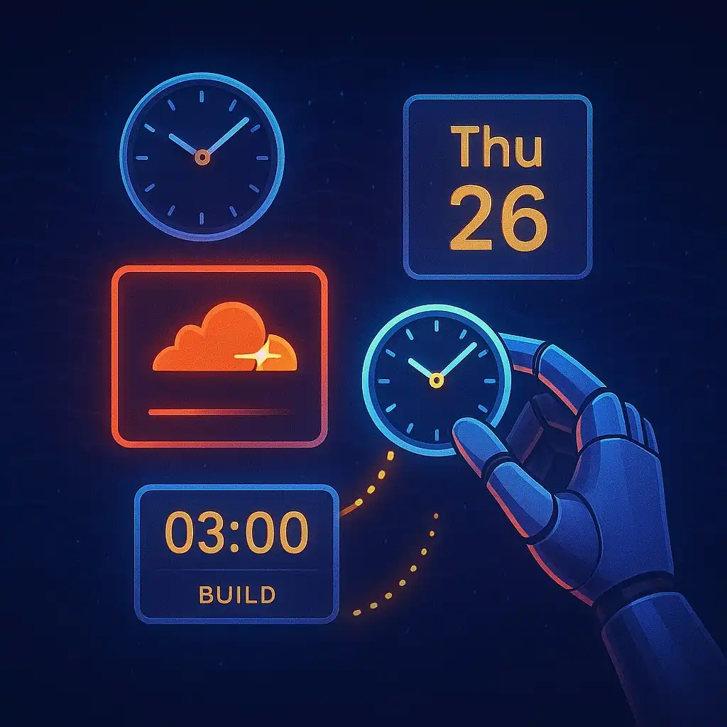 Schedule Cloudflare Pages Builds with a robot arm holding a clock and a cloudflare logo