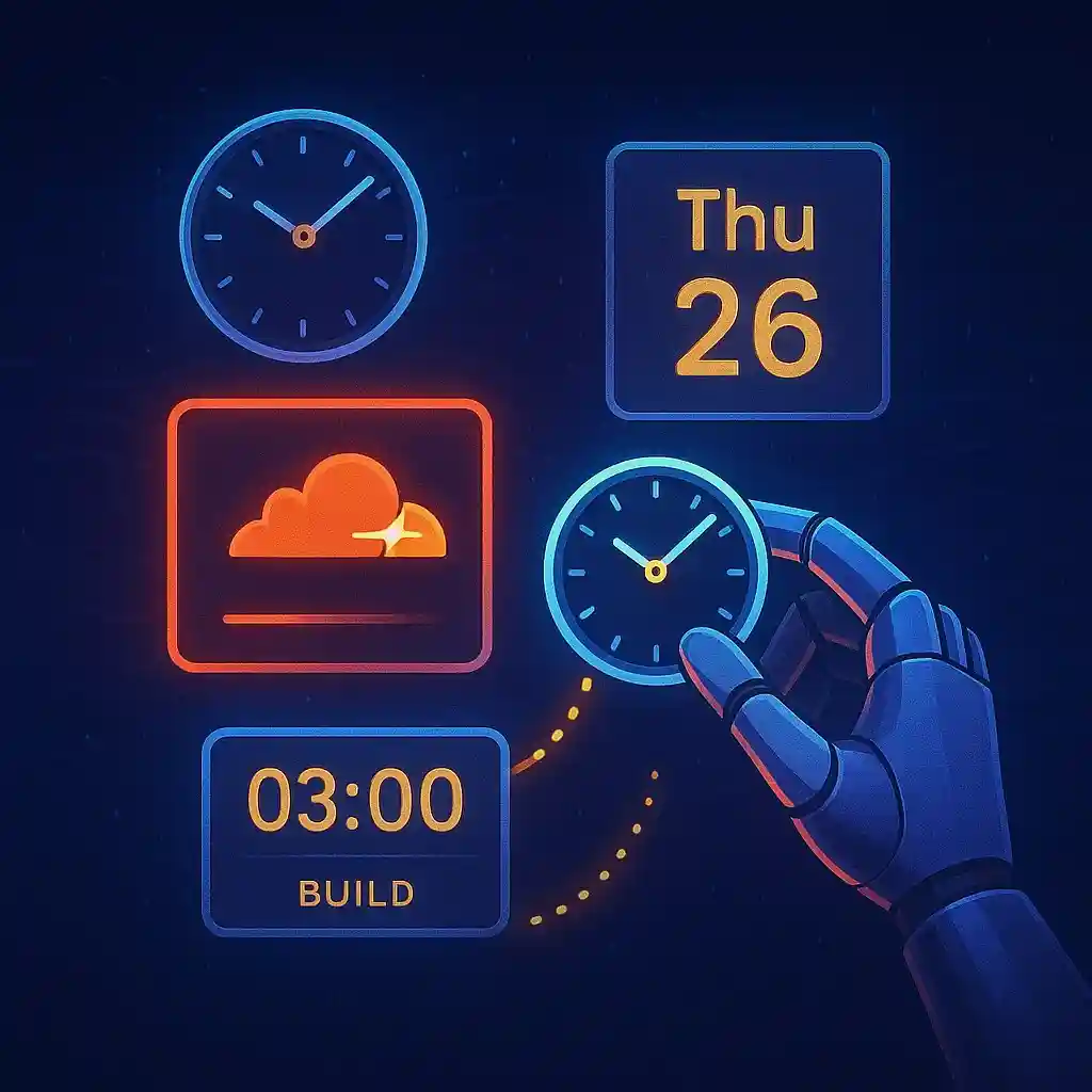 Schedule Cloudflare Pages Builds with a robot arm holding a clock and a cloudflare logo